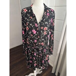 Free People Dress Womens XL Black Floral Button Front Long Sleeve Mini Boho‎